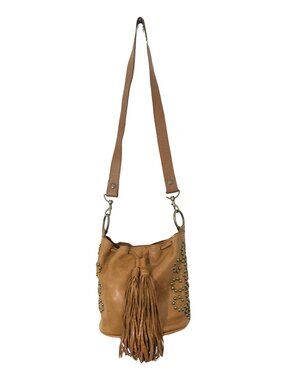 McFadin Bar West Studded Fringe Leather Bucket Crossbody Bag Pre-Loved